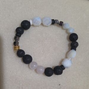 Black Lava Stone and White Beaded Bracelet with Rose Quartz
